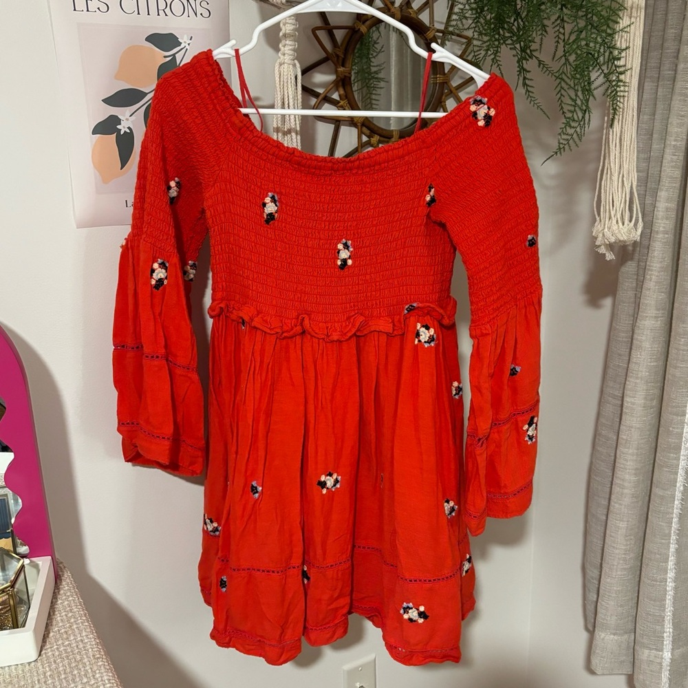 Orange and blue floral off the shoulder free people dress